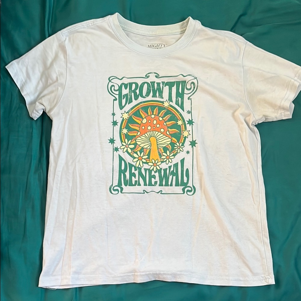 Mighty Fine Light Blue Tee with Orange and Green Design